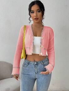 EMERY ROSE Women's Autumn Dropped Shoulder Long Sleeve Cropped Elegant Knitted Cardigan - Baby Pink - View 6