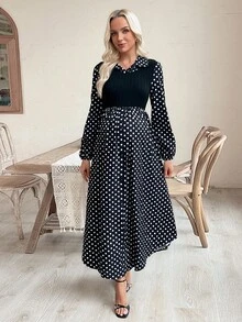 SHEIN Casual Loose Polka Dot Patchwork Long Sleeve Maternity Dress - Black and White - View 5