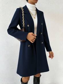 SHEIN PETITE Women's Fashionable Double-Breasted Notched Collar Overcoat, Autumn - Navy Blue - View 5