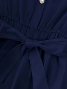 Franclia 优雅法式高端度假通勤百搭圆领盖袖松紧腰珍珠纽扣装饰舒适柔软无弹力杏色女式中长连衣裙，春夏 - 藏蓝色 - 查看 3