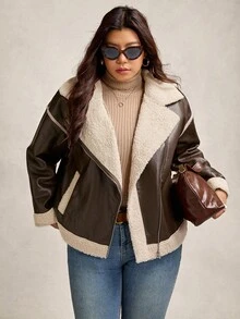 Zelara Plus Size Women's Fashionable Warm PU Composite Faux Fur Collar Jacket, Winter Outerwear Going Out Brown Jacket Zip-Up Thanksgiving