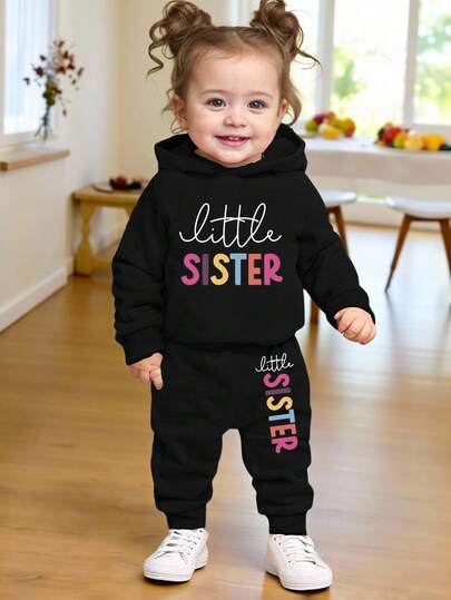 SHEIN Playful Pals 2pcs/Set Baby Girl Fashion Minimalist Colorful Letter Print Hooded Fleece Sweatshirt & Letter Print Fleece Pants Outfit, Suitable For Outings In Autumn/Winter Fall