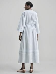 Ontre Women's V-Neck Pleated Loose A-Line Dress, Elegant Linen Material Long Dress For Vacation, Casual, Party, Beach, Autumn/Winter - Blue - View 4