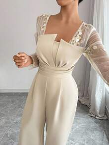 Elenzga 女式花卉刺绣网眼拼布长袖褶皱腰阔腿优雅连体裤 - 杏色 - 查看 5