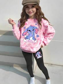 2pcs/Set Young Girl Casual Stylish Cute Cartoon Stitch Letter Graphic Print Sweatshirt And Leggings Set Fall Winter - Pink - View 1