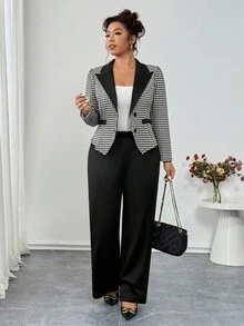 Elenzga Plus Size Elegant Formal Black And White Houndstooth Knit Patchwork Contrast Color Long Sleeve Blazer&Casual Straight Leg Pants 2 Pieces Set,Summer - Black and White - View 6