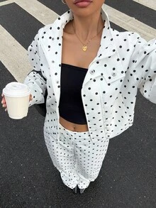 SHEIN Muchic 女士休闲波点印花灯笼袖夹克和阔腿裤两件套，春秋 - 彩色 - 查看 6