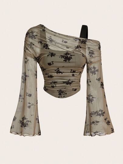 SHEIN Tween Girl Casual Vacation Elegant Fitted Mesh Floral Print Cream T-Shirt, Suitable For Party, Casual And Outdoor, Matching Mother-Daughter Outfits Fall Winter