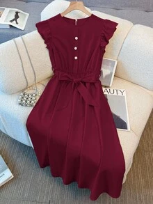 Franclia 优雅法式高端度假通勤百搭圆领荷叶袖弹力腰身珍珠纽扣装饰舒适柔软无弹杏色女士中长连衣裙，春夏款 - 酒紅色 - 查看 6