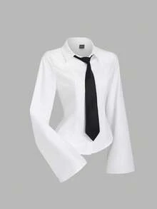 Sweetra Women's New Collegiate Basic Minimalist Commuter Cinched Waist Long Sleeve Tie Collar Blouse - White - View 3