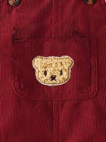 SHEIN Playful Pals 1 件装男婴焦糖色灯芯绒背带裤，搭配可爱小熊刺绣贴片和双色纽扣，复古减龄设计。捕捉秋冬假日氛围。可爱的休闲复古风格，适合外出、户外玩耍、度假、当季日常穿着 - 酒紅色 - 查看 8