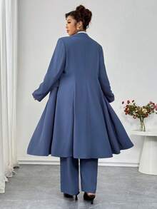 Elenzga Plus Size Stiff Fabric Blazer Jacket Long Sleeve Lapel Collar Real Pockets Decoration Single-Breasted + Straight Elastic Waist Pants 2 Pieces Set, Suitable For Commuting, Outing, Party, And Dating