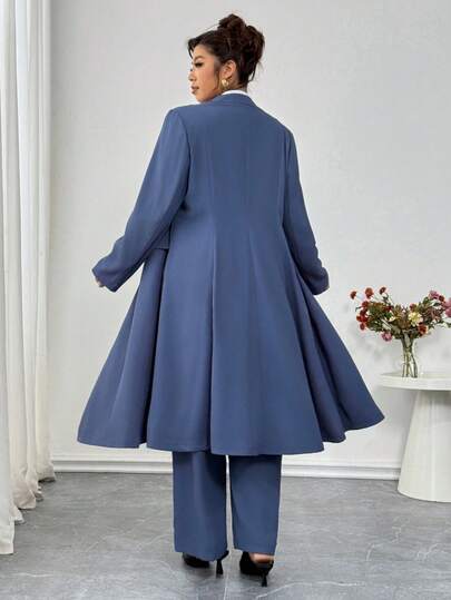 Elenzga Plus Size Stiff Fabric Blazer Jacket Long Sleeve Lapel Collar Real Pockets Decoration Single-Breasted + Straight Elastic Waist Pants 2 Pieces Set, Suitable For Commuting, Outing, Party, And Dating