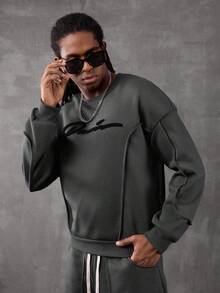 PAVTROS Manfinity Streetrush 男士创意拼布宽松图案文字刺绣运动衫套装，灰色男士运动服套装男士两件套男士慢跑套装男士套装男士两件套，返校，羊毛两件套，秋冬装