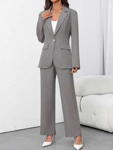 EMERY ROSE 女士纯色翻领时尚百搭商务西装外套+裤子套装 - 灰色 - 查看 3