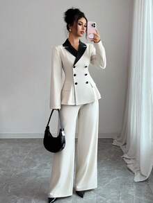 Selianne Bộ vest dáng chữ A dài tay màu tương phản thanh lịch dành cho nữ, thích hợp mặc hàng ngày, đi làm và nhiều dịp khác nhau, mùa xuân/thu - Màu be - Xem 6