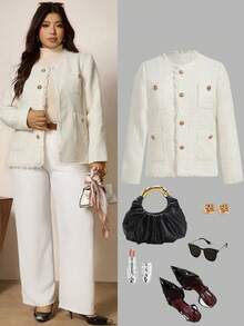 Zelara Plus Size Jacket, Fashionable And Elegant Tassel Edge Commuter Jacket, Round Neck Long Sleeve Exquisite Lady Style Jacket, Woven Textured Fabric, Four Pockets, Metal Button Decoration, Front Center Button, Upgraded Warmth Effect Women'S Autumn Clothing, Winter Jacket, Women'S Winter Clothing, Halloween Costume Women, Halloween Jacket, Business Professional Women, Business Casual Women, Elegant And Fashionable Commuter, Commuter Simple Office Old Style Jacket, Elegant Jacket, Waist Slim Jacket, Suitable For Daily Wear, Functional Pockets Fall - White - View 11