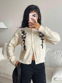 SHEIN Frenchy Women's White Autumn Elegant Graphic Brunch Sweater Cardigan,Contrast Color Rope Embroidered Round Neck Single Breasted Loose French Style Top 2025 - Apricot - View 3