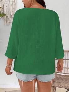 EMERY ROSE Plus Size Women's Solid Color 3/4 Sleeve Loose Casual Shirt - Green - View 2