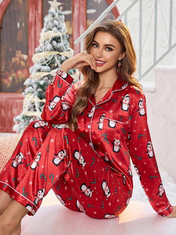 SHEIN Women Christmas Pajama Set Women's Cute Candy Cane Pattern Satin Fabric Pajama Set, Comfortable Long Sleeve Top And Pants, Suitable For Christmas, Fall Winter Clothes