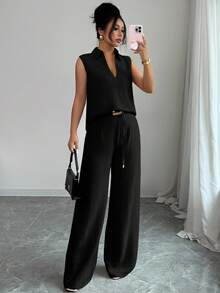 Rafferiza 2pcs/Set Women's Fashionable Casual V-Neck Sleeveless Top And Loose Distinctive Belt Decor Straight Leg Pants, Spring/Summer - Black - View 3