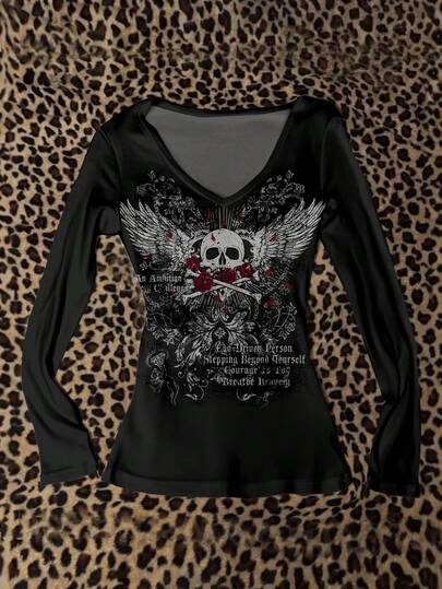 Attitoon Women's V-Neck Casual Minimalist Fitted Long Sleeve T-Shirt, Suitable For Autumn/Winter, Punk Retro Vintage, Suitable For Y2K, Skull Print, Rose Print,Fall