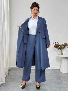 Elenzga Plus Size Stiff Fabric Blazer Jacket Long Sleeve Lapel Collar Real Pockets Decoration Single-Breasted + Straight Elastic Waist Pants 2 Pieces Set, Suitable For Commuting, Outing, Party, And Dating