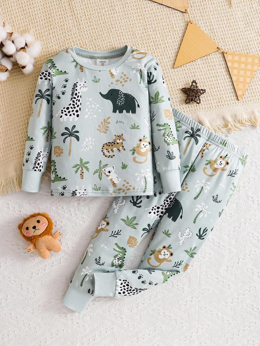 SHEIN 2 件套小男孩蜘蛛与超级英雄印花紧身圆领长袖 T 恤和柔软舒适睡裤,秋冬家居服套装 - 彩色 - 查看 1