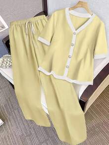 Franclia Plus Size Women's Woven Contrast Color Block V-Neck Short Sleeve Cardigan Shirt & Elastic Waist Straight Leg Pants 2 Pieces Set, Elegant & Romantic - Yellow - View 1