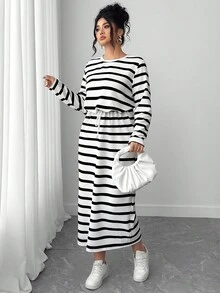 Elenzga 大码女式条纹印花圆领休闲长袖连衣裙 - 黑與白 - 查看 6