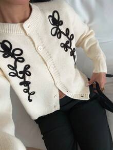 SHEIN Frenchy Women's White Autumn Elegant Graphic Brunch Sweater Cardigan,Contrast Color Rope Embroidered Round Neck Single Breasted Loose French Style Top 2025 - Apricot - View 1