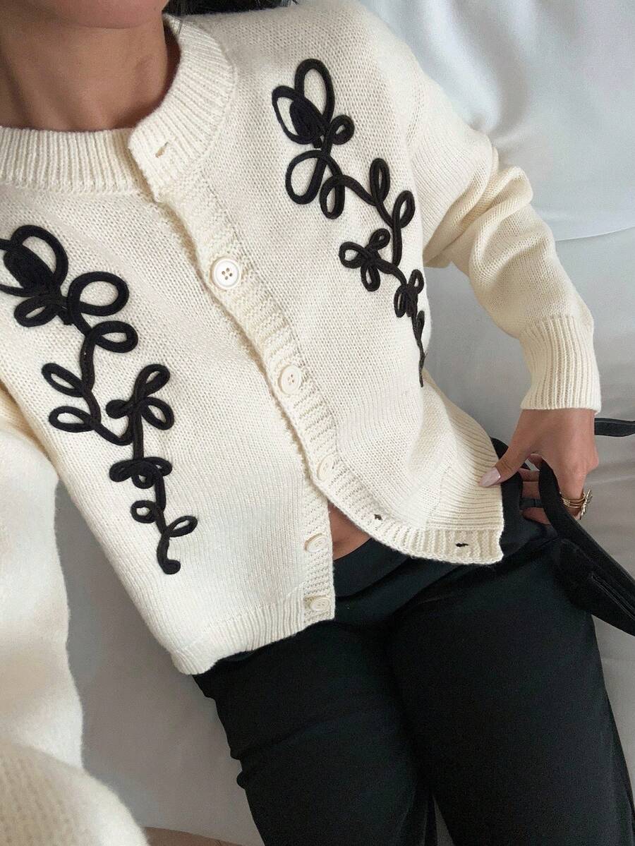 SHEIN Frenchy Women's White Autumn Elegant Graphic Brunch Sweater Cardigan,Contrast Color Rope Embroidered Round Neck Single Breasted Loose French Style Top 2025 - Apricot - View 1