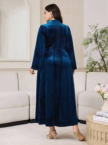 Modelyn Plus Size Solid Color Wrap Ruched Metal Flower Decor Long Sleeve Dress - Blue - View 2