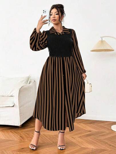 Vionelle 大码休闲条纹拼布两件套连衣裙，秋季长款女装