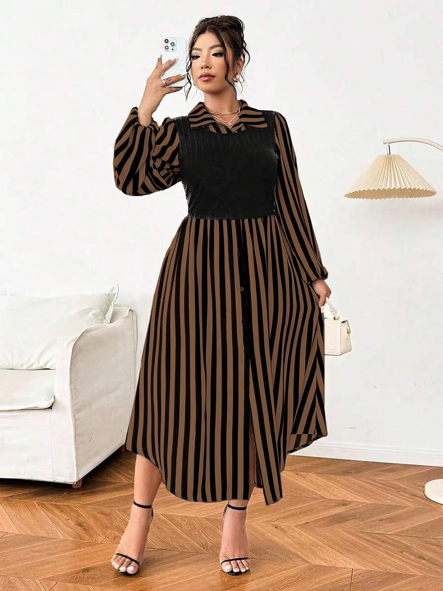 Vionelle 大码休闲条纹拼布两件套连衣裙，秋季长款女装 - 彩色 - 查看 1