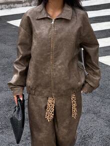Muchica 2025 New Arrive Fall/Winter Women Brown Vintage Distressed Loose PU Leather Jacket For Going Out,Streetwear - Brown - View 5
