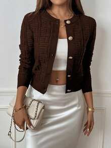 SHEIN PETITE 女士休闲长袖单排扣针织开衫，秋冬 - 咖啡棕 - 查看 5