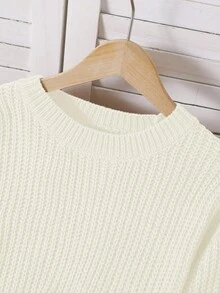 SHEIN 女童纯色简约日常圆领长袖短款套头衫 - 米色 - 查看 6