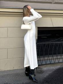 Pariaura Women's Solid Color V-Neck Long Sleeve Hollow Design Casual Knitted Dress Fall Winter Cloth For Women - Beige - View 4