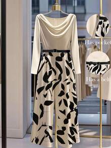 Franclia New Autumn High-End Knitted Top With A Swing Collar Design, A Patchwork Print Pattern, And A Black Metal Belt. Long-Sleeved Women's Jumpsuit For Commuting And Going Out. Women's Going-Out Tops. Women's Autumn Clothing Matching. Women's Office Wear. Women's Jumpsuit. Fall Cloth For Women - Apricot - View 1