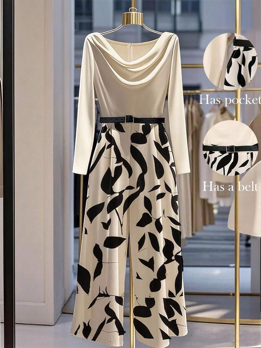 Franclia New Autumn High-End Knitted Top With A Swing Collar Design, A Patchwork Print Pattern, And A Black Metal Belt. Long-Sleeved Women's Jumpsuit For Commuting And Going Out. Women's Going-Out Tops. Women's Autumn Clothing Matching. Women's Office Wear. Women's Jumpsuit. Fall Cloth For Women - Apricot - View 1