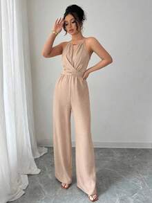 Elenzga 女式休闲卡其色褶皱面料无袖串珠设计系带连体裤，春夏