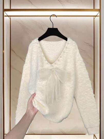 Franclia 欧美新款博主同款甜美活力重工刺绣珍珠欧根纱蝴蝶结V领宽松仿貂毛套头衫