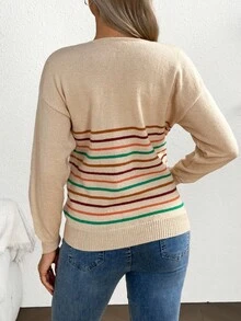 SHEIN Maternity Sweater, Loose Knit Colorblock Crew Neck Sweater, V-Neck Long Sleeve Fashionable Knit Top, Autumn/Winter - Apricot - View 3