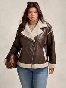 Zelara Plus Size Women's Fashionable Warm PU Composite Faux Fur Collar Jacket, Winter Outerwear Going Out Brown Jacket Zip-Up Thanksgiving