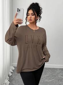 SHEIN LUNE CURVE Plus Size Casual Round Neck Long Sleeve Letter Embroidered T-Shirt - Brown - View 9