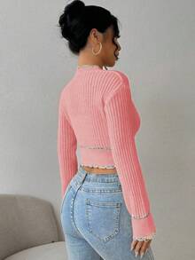 EMERY ROSE Women's Autumn Dropped Shoulder Long Sleeve Cropped Elegant Knitted Cardigan - Baby Pink - View 2