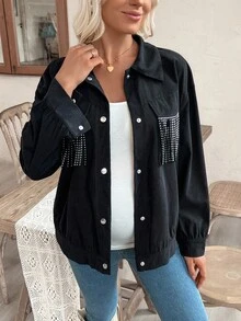 SHEIN Maternity Drop Shoulder Front Button Casual Versatile Short Regular Jacket - Black - View 6