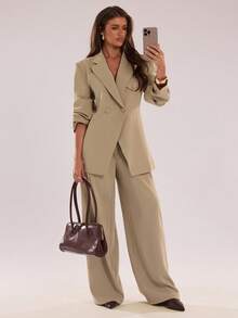 SHEIN BAE 女士休闲翻领长袖夹克和裤子套装，秋季 - 卡其色 - 查看 1