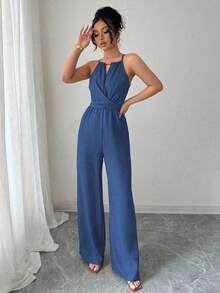 SHEIN PETITE Women's Casual Khaki Crinkle Fabric Halter Neck Beaded Design Waist Button Tie Jumpsuit, Spring/Summer - Blue - View 6